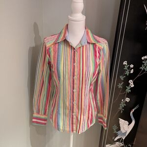 Y2K Tommy Hilfiger Womens Medium Colorful Rainbow Stripe LongSleeve ButtonUp 135